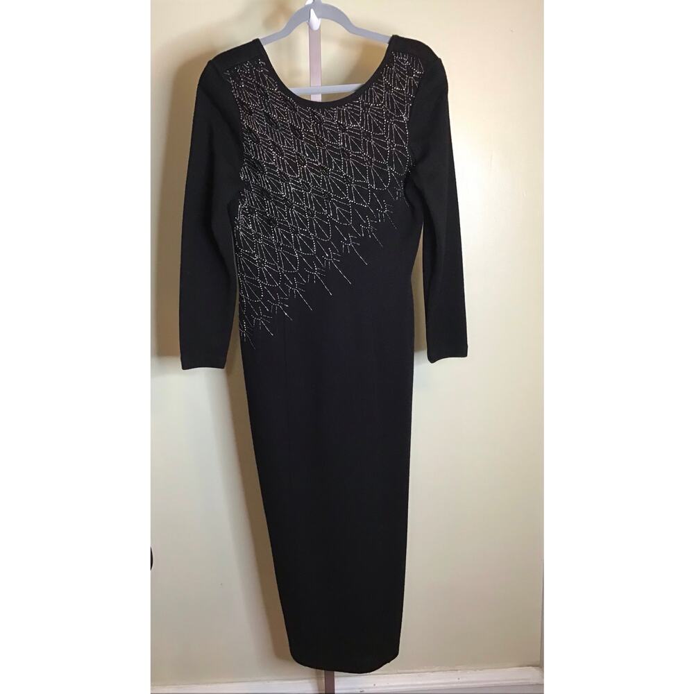 Kasper ASL x Nina Charles Knit long/SL Maxi Dress Sz. Sm Black Bejeweled Bodice